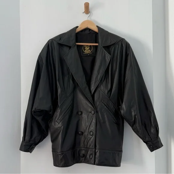 Vintage black leather oversized double breasted jacket - size 2 (Small) - Picture 3 of 7